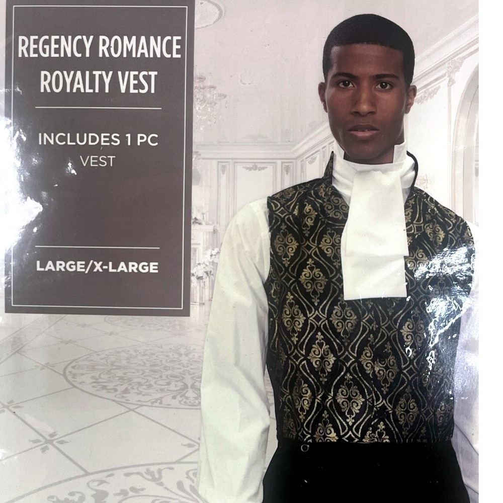 Mens Regency Royalty Costume Vest L/XL Black Gold Victorian Halloween New